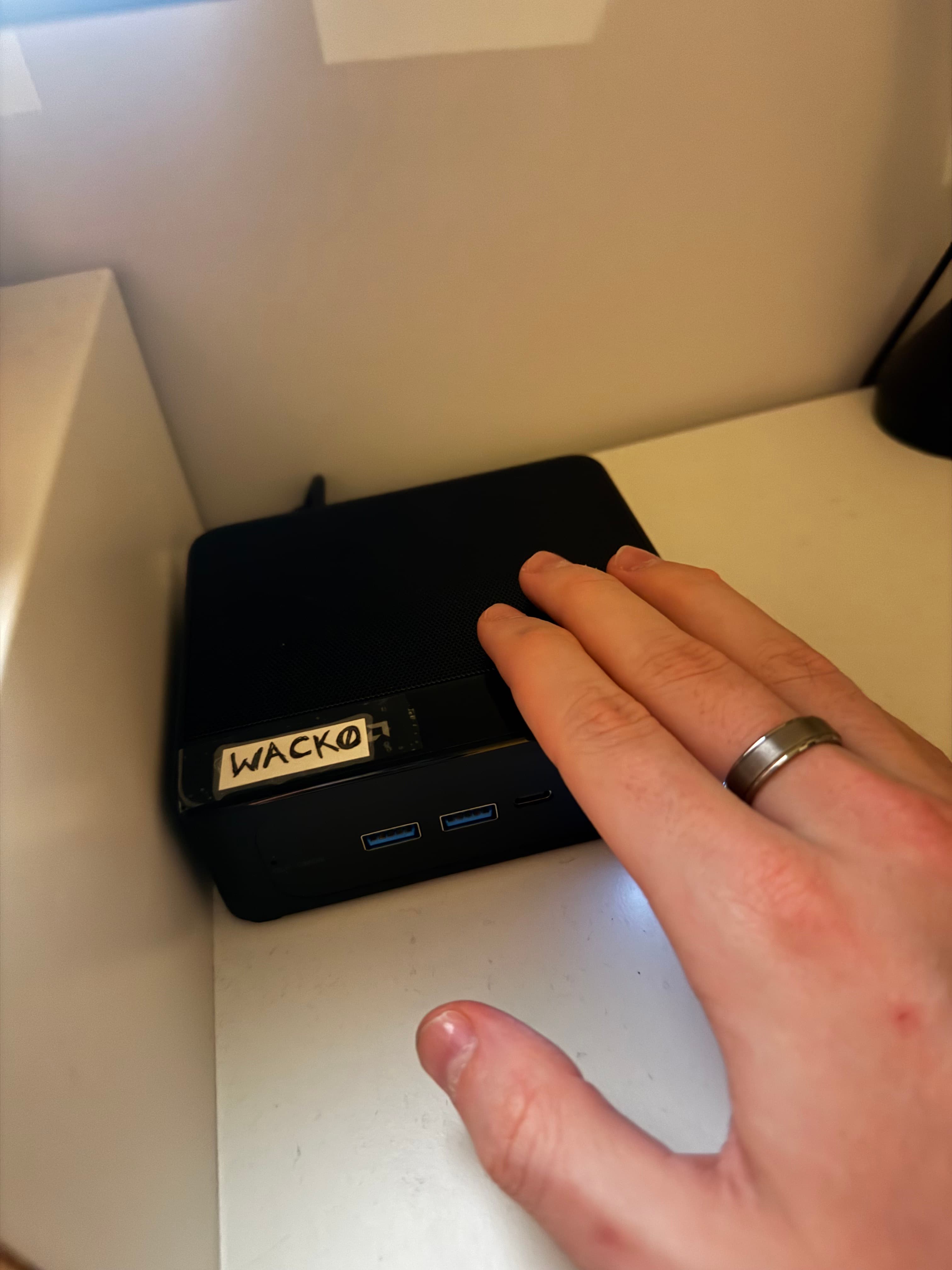wacko â a Beelink mini PC with a masking-tape nametag